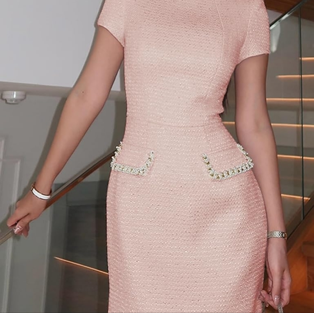 Lefung Pink Tweed Pearl Trim Details Mini Dress High Neck Short Sleeve - Size L - Picture 4 of 7